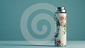 Blank mockup of a retrostyle enamel thermos with a charming floral print. photo