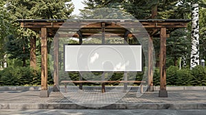 Blank mockup of a rustic bus stop shelter made of reclaimed wood and surrounded by trees.