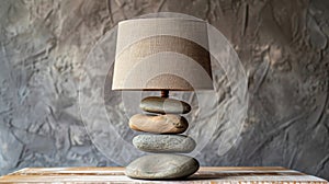 Blank mockup of a rustic table lamp made of stacked stones and a natural linen lampshade.