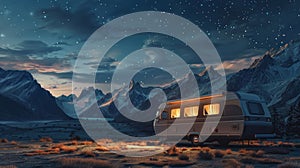 Blank mockup of scenic camper decal with a dreamy starry night sky and mountainscape perfect for stargazing trips.