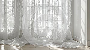 Blank mockup of a set of elegant white lace curtains perfect for adding a touch of vintageinspired charm to a kitchen or photo