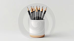 Blank mockup of a set of shard pencils standing upright in a pencil holder on a white background.