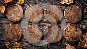 Blank mockup of a set of six wooden coasters with a rustic farmhouse theme.