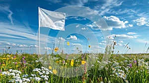 Blank mockup of a single blank flagpole standing tall and proud in the middle of a field of wildflowers. photo