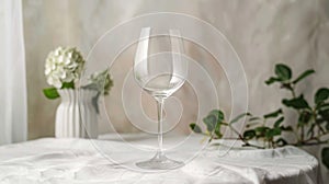 Blank mockup of a single wine glass with a beautifully etched gvine design set on a classic white linen tablecloth.