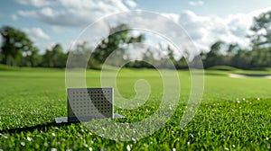 Blank mockup of a small metal plaque on a tee box showing the hole number and par. photo