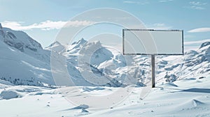 Blank mockup of a snowcovered ski resort sign with a snowy mountain background. photo