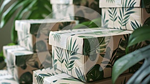 Blank mockup of a stack of ecofriendly shipping boxes with a subtle leaf pattern and Ecopackaging labe