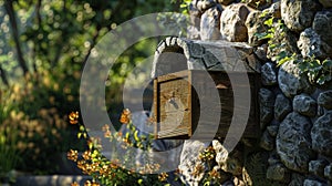 Blank mockup of a stonewallinspired mailbox blending seamlessly into a natural and rustic environment.