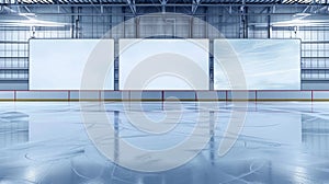 Blank mockup of three vertical ice skating rink boards in a row ready to display upcoming events and announcements.