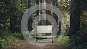 Blank mockup of a trailhead sign surrounded by towering redwood trees setting the scene for an immersive hiking