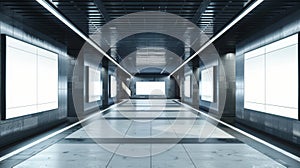 Blank mockup of a train station entrance with eyecatching floor ad graphics. photo