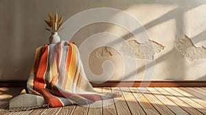 Blank mockup of a versatile throw blanket with a reversible design featuring stripes on one side and solid color on the
