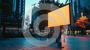 Blank mockup of a vibrant public square where a digital display serves as the focal point and gathering spot for events