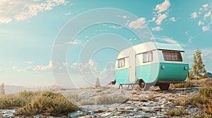 Blank mockup of a vintageinspired campsite sign with a retro camper illustration and blank space for park name. photo