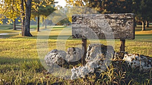 Blank mockup of a weathered sign made from roughhewn stones positioned at the entrance of a rustic golf course.