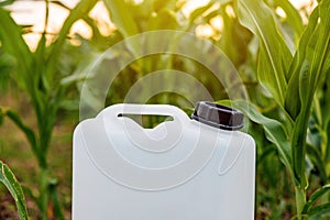 Blank mockup white plastic jug for herbicide chemical in cultivated corn field