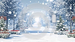 Blank mockup of a winter wonderland street banner with snowflakes and snowcovered trees.