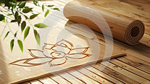 Blank mockup of a zeninspired bamboo yoga mat with a lotus flower design. photo
