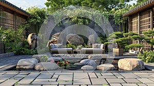 Blank mockup of a Zeninspired outdoor seating area with a bamboo accents a koi pond and Japanesestyle seating. photo