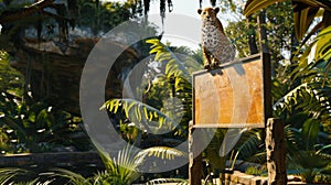 Blank mockup of a zoo exhibit sign featuring a 3D animal figure on top of the sign for an eyecatching display. photo