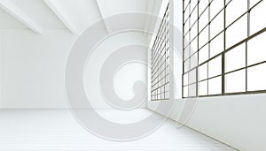 Blank modern industrial room with huge panoramic windows,painted white wood floor,empty walls.3D rendering.Generic