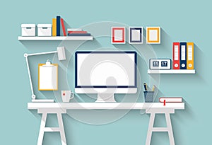 Blank monitor or computer desktop on white table in sunny room. Vector Mock up. Flat design with long shadow