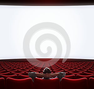 Blank movie screen with lonely man sitting in center. 3d illustration.