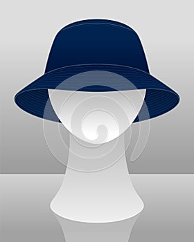 Blank Navy Blue Bucket Hat Template On Mannequin Head Vector.