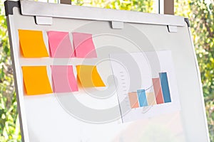 Blank note and data chart for business analysis on the white board.