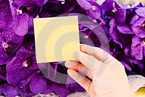 Blank note paper in hand on fresh beautiful purple vanda orchid flower bouquet background, copy-space on card to put your message