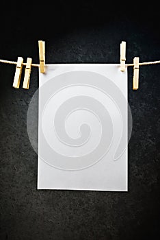 Blank note paper hanging on rope with clothes pins