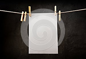 Blank note paper hanging on rope with clothes pins