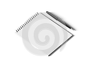 Blank note paper with pen. on white.