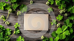 Blank Note Surrounded By Shamrocks On Rustic Wood