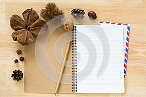 Blank notebook with airmail envelope dried pine cone chestnut wa