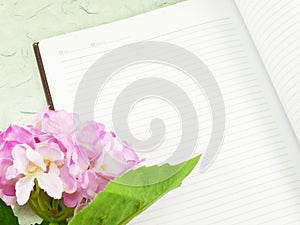 Blank notebook with artificial flower and scarft