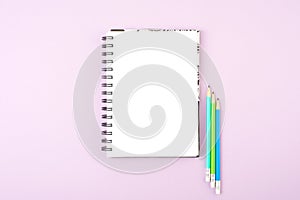 Blank notebook and color pencils on pink background