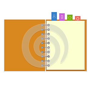 Blank notebook with colorful information bookmarks