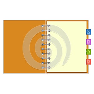 Blank notebook with colorful information bookmarks