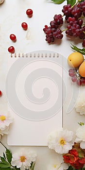 A blank notebook with flowers and fruits placed on glass table 3