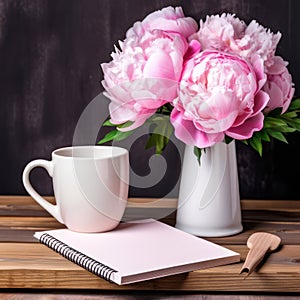 Blank notebook, memo cards mock-ups. Vase with pink peonies flowers, books created with Generative AI