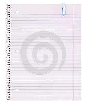 Blank. Notebook paper and paper clip isolated on white background. Back to school
