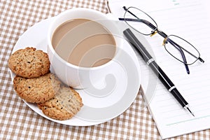 Blank Notebook, Pen and cup of coffee