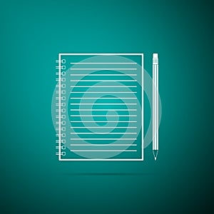 Blank notebook and pencil with eraser icon isolated on green background. Flat design. Vector