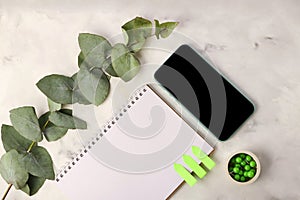 Blank notebook with push pins near it on the marble background.Mobile telephone with black screen..Fresh eucalyptus branch on the