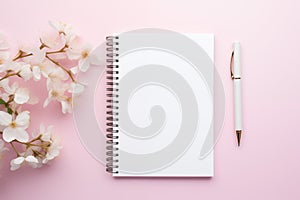 Blank notebook, silver pen, white flowers on pink.