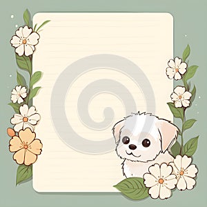 Blank notepad empty background pastel green color with cute puppy with flowers and mini leaf , AI generated
