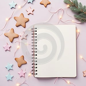 Blank notepad empty diary page Christmas decoration beside,  Xmas note book
