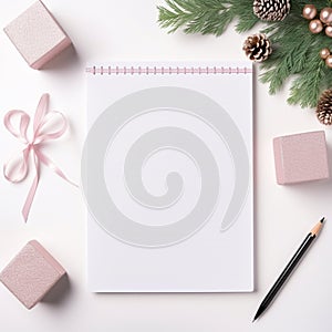 Blank notepad empty diary page Christmas decoration beside,  Xmas note book